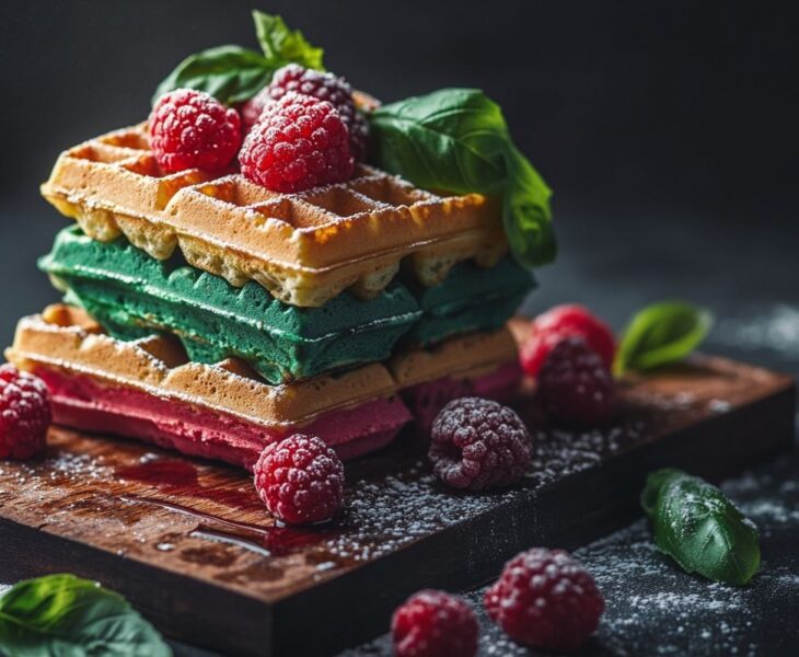 Une recette de gaufre couleur arc-en-ciel framboise et basilic