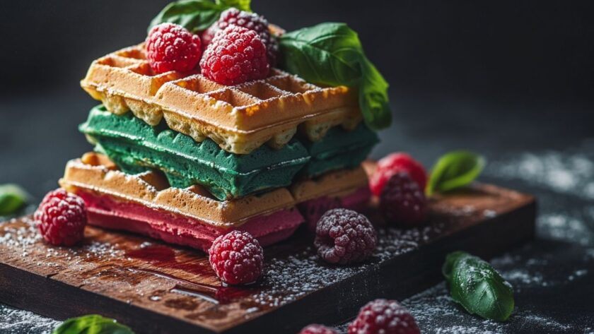 Une recette de gaufre couleur arc-en-ciel framboise et basilic