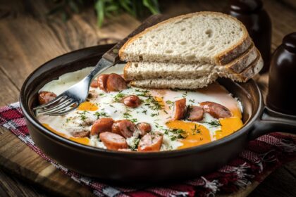 Tasty cooked egg with chopped sausages.