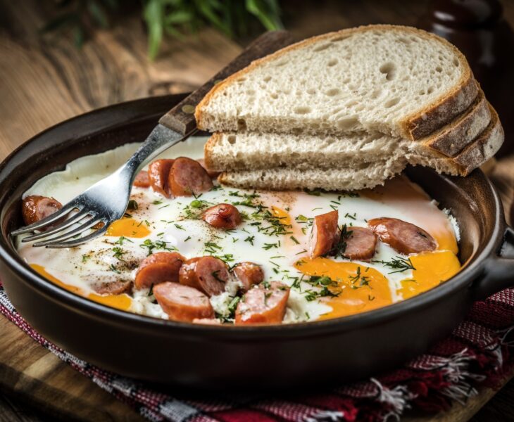 Tasty cooked egg with chopped sausages.