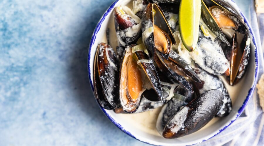 Blue mussels in wine sauce with lime and bread. Stew mussels in wine, leek and blue cheese. Seafood