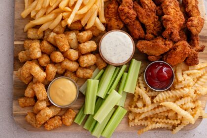 Fried chicken strips and french fries board with sauces and celery