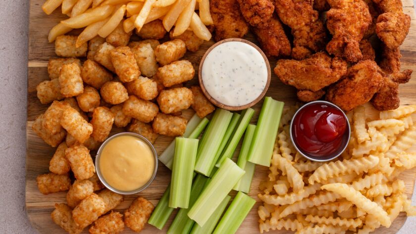 Fried chicken strips and french fries board with sauces and celery
