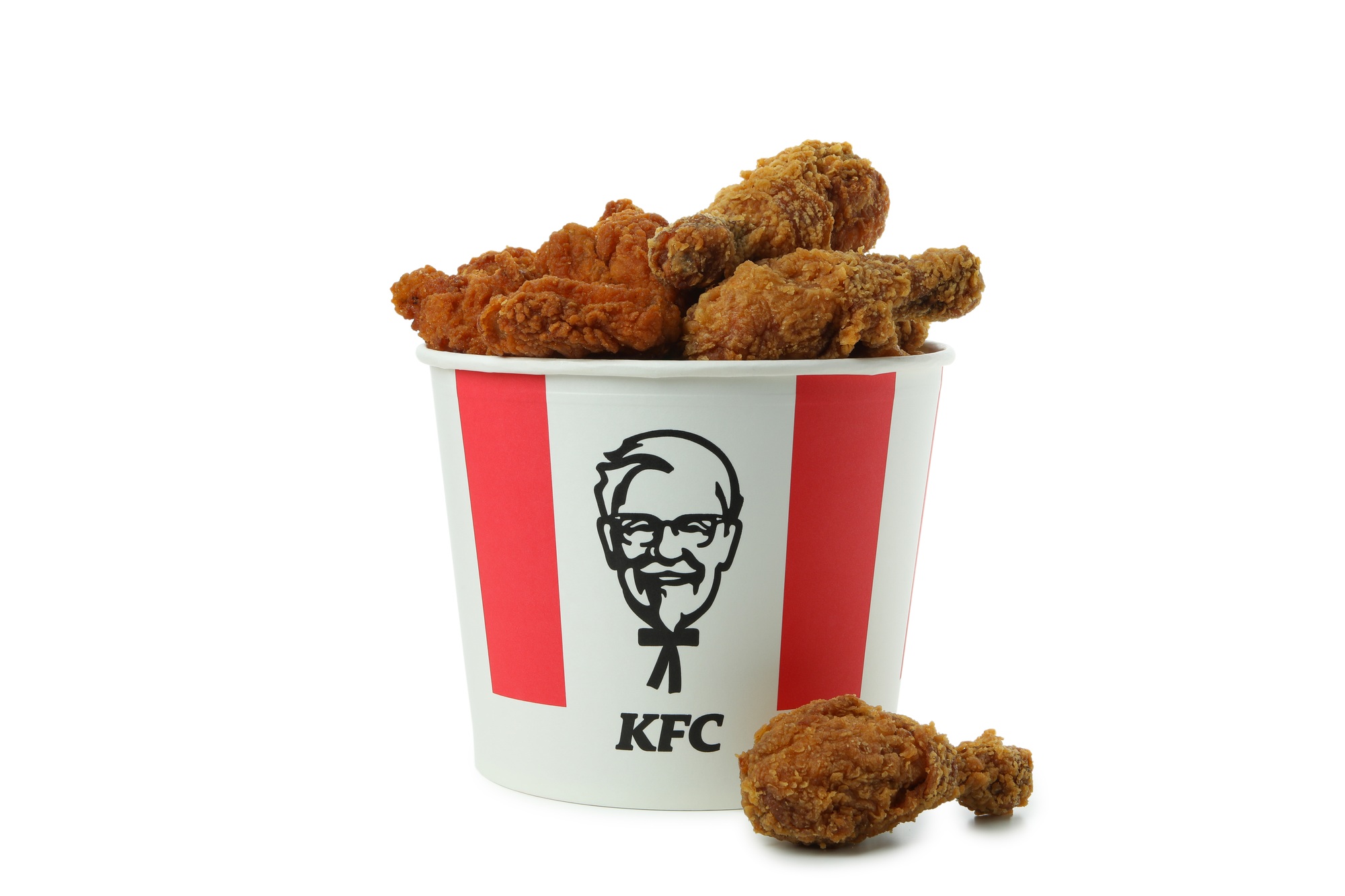 ODESSA, UKRAINE - MAY 31 2021: Bucket of KFC isolated on white background