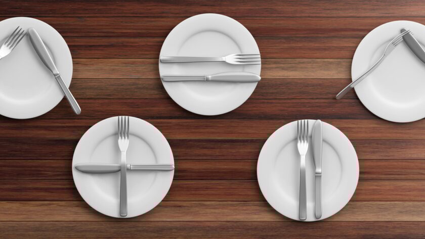 Place Settings, waiter signals on wooden background. 3d illustration
