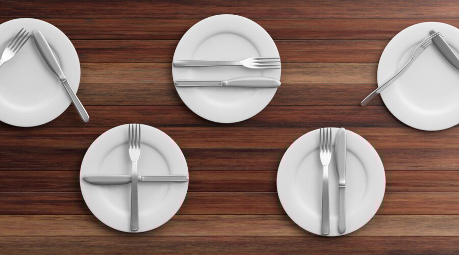 Place Settings, waiter signals on wooden background. 3d illustration