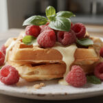 apprenez à préparer de délicieuses gaufres moelleuses au chocolat blanc, garnies de framboises fraîches et d'une touche de basilic pour une saveur unique et originale.
