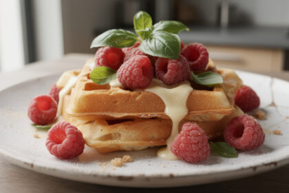 apprenez à préparer de délicieuses gaufres moelleuses au chocolat blanc, garnies de framboises fraîches et d'une touche de basilic pour une saveur unique et originale.
