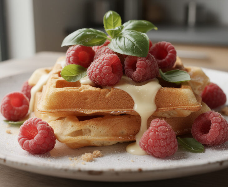 apprenez à préparer de délicieuses gaufres moelleuses au chocolat blanc, garnies de framboises fraîches et d'une touche de basilic pour une saveur unique et originale.