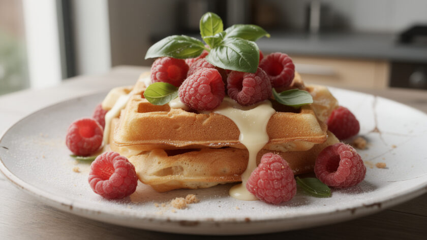 apprenez à préparer de délicieuses gaufres moelleuses au chocolat blanc, garnies de framboises fraîches et d'une touche de basilic pour une saveur unique et originale.