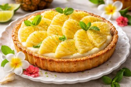 découvrez comment éblouir vos invités avec une délicieuse tarte à l'ananas, garnie de crème pâtissière onctueuse et relevée d'une touche exotique unique.