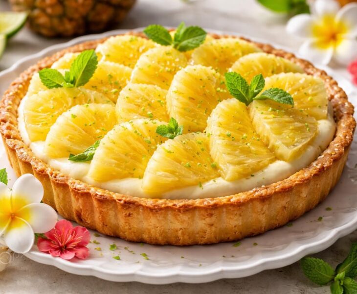 découvrez comment éblouir vos invités avec une délicieuse tarte à l'ananas, garnie de crème pâtissière onctueuse et relevée d'une touche exotique unique.