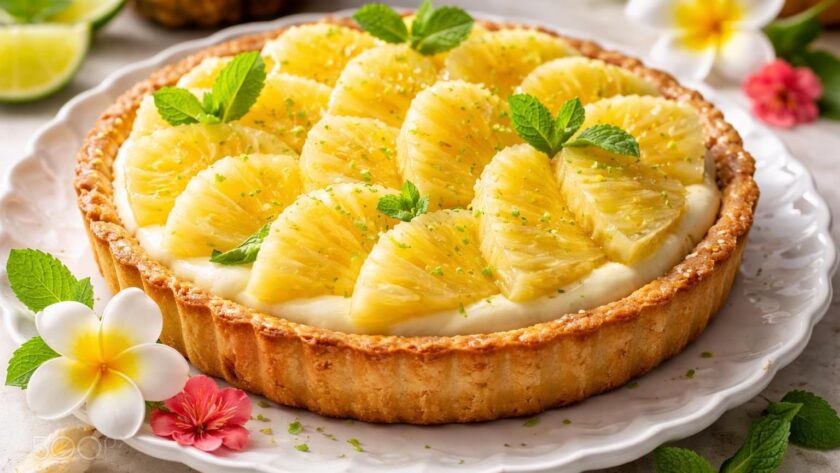 découvrez comment éblouir vos invités avec une délicieuse tarte à l'ananas, garnie de crème pâtissière onctueuse et relevée d'une touche exotique unique.