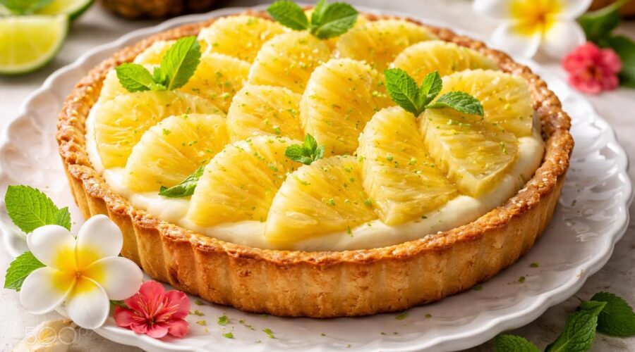 découvrez comment éblouir vos invités avec une délicieuse tarte à l'ananas, garnie de crème pâtissière onctueuse et relevée d'une touche exotique unique.