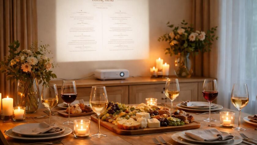 découvrez le mini vidéoprojecteur epson idéal pour une soirée dégustation, avec un menu projeté pour une expérience conviviale et immersive.