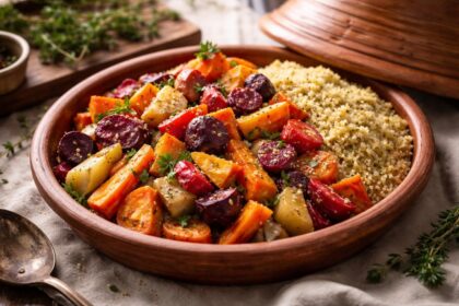 découvrez ma recette de tajine de légumes racines au millet, une revisite savoureuse d'un plat traditionnel alliant authenticité et modernité.