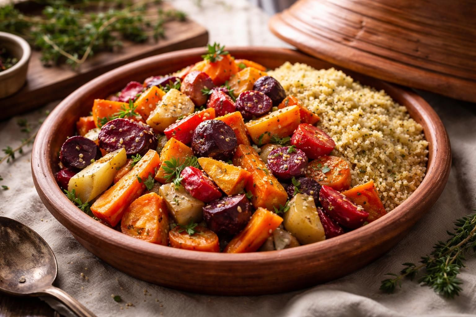 découvrez ma recette de tajine de légumes racines au millet, une revisite savoureuse d'un plat traditionnel alliant authenticité et modernité.