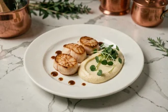 Assiette de coquilles Saint-Jacques poêlées dorées avec purée de chou-fleur et microherbes sur comptoir en marbre pour un repas chic en semaine
