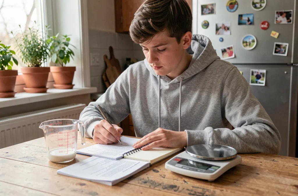 Adolescent prenant des notes sur la conversion grammes centilitres avec une balance et un verre doseur sur une table de cuisine familiale