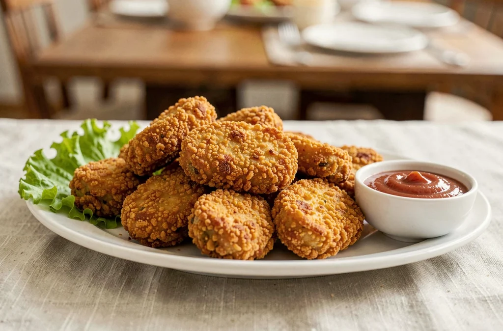Assiette de nuggets de poulet maison avec panure croustillante dorée et sauce ketchup