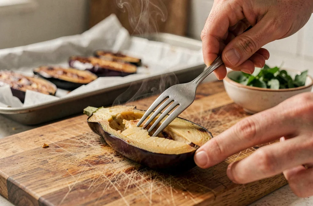 Mains testant la tendreté d'une aubergine fondante au four sur une planche à découper en bois, texture croustillante et dorée visible