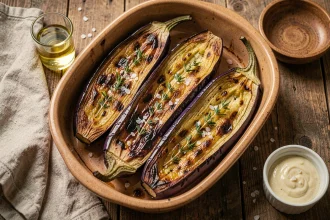 Aubergines rôties au four dans un plat en céramique rustique, dorées et caramélisées avec de l'huile d'olive et du thym frais