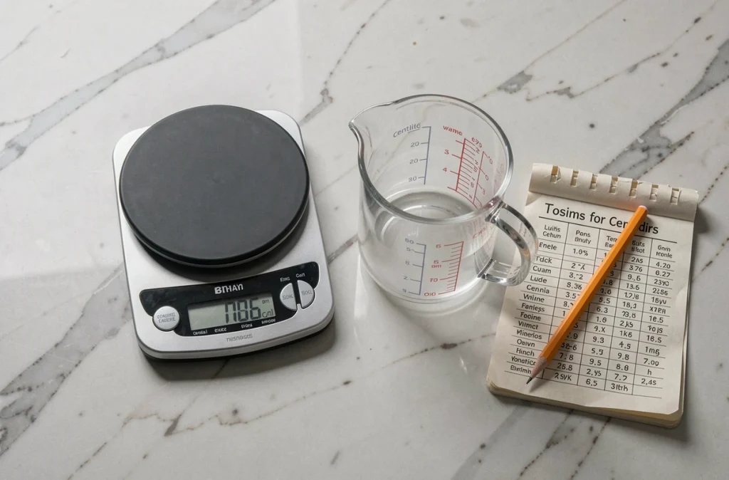 Balance de cuisine affichant des grammes et verre doseur en centilitres sur un plan de travail en marbre avec tableau de conversion manuscrit