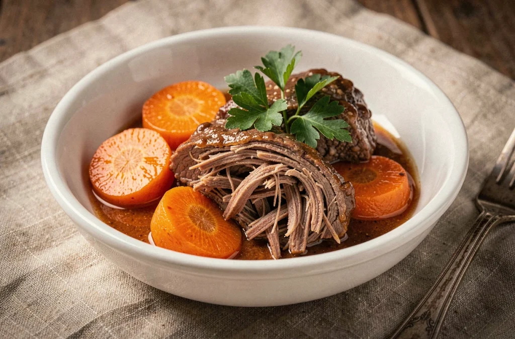 Assiette de boeuf carotte fondant servi en bol blanc avec carottes glacées et persil frais