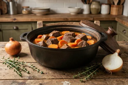Cocotte rustique de boeuf carotte fondant avec carottes et sauce dorée sur table en bois