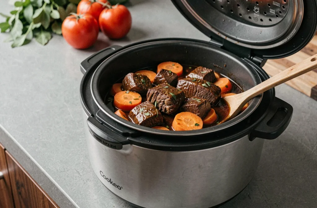 Cookeo ouvert avec boeuf carotte en sauce sur plan de travail de cuisine moderne