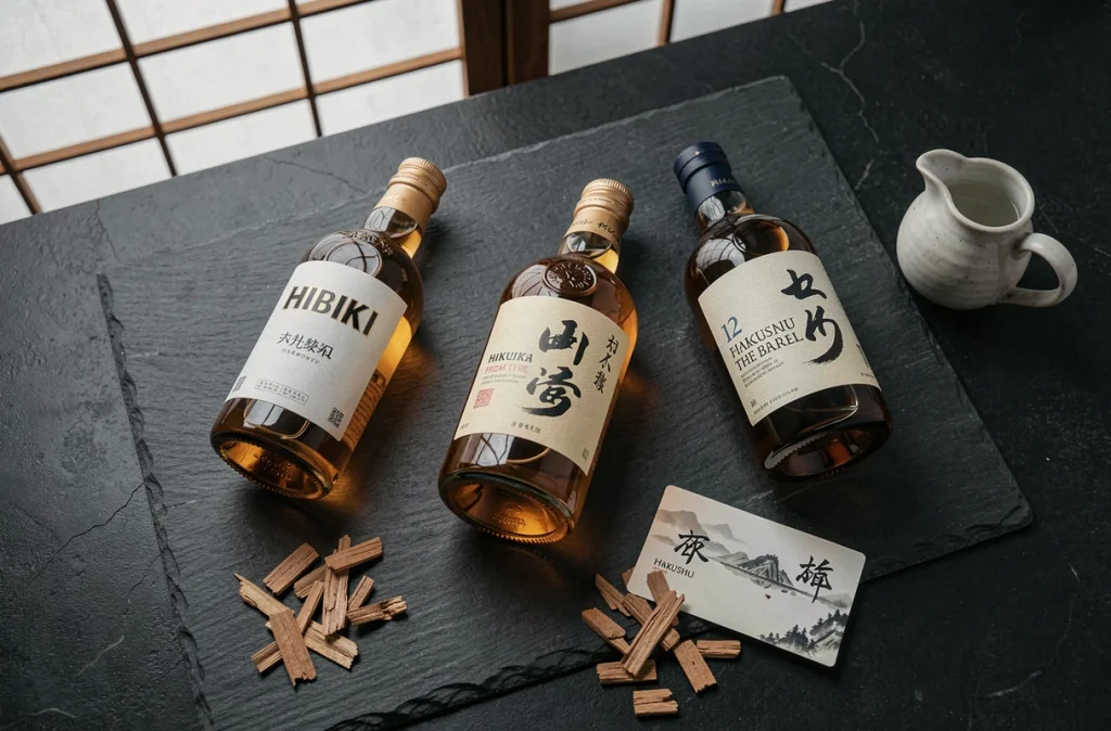 Présentation de plusieurs bouteilles de whisky japonais en flat lay sur ardoise noire avec accessoires de dégustation