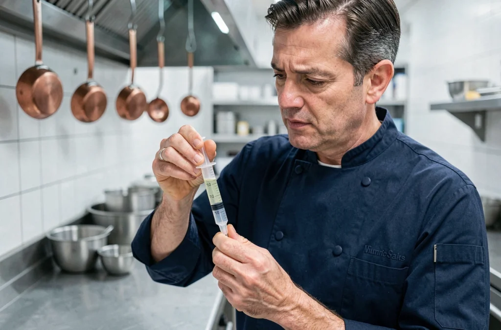 Chef cuisinier utilisant une seringue doseuse graduée pour mesurer précisément un volume de liquide en cuisine professionnelle