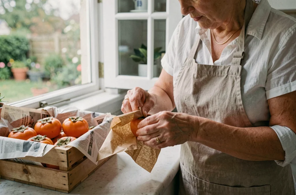 Femme enveloppant des fruits kaki dans du papier parchemin pour la conservation, avec une caisse en bois et des kakis oranges posés sur un plan de travail de cuisine