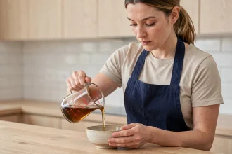 Femme versant un liquide dans un bol en céramique avec un verre doseur gradué dans une cuisine moderne