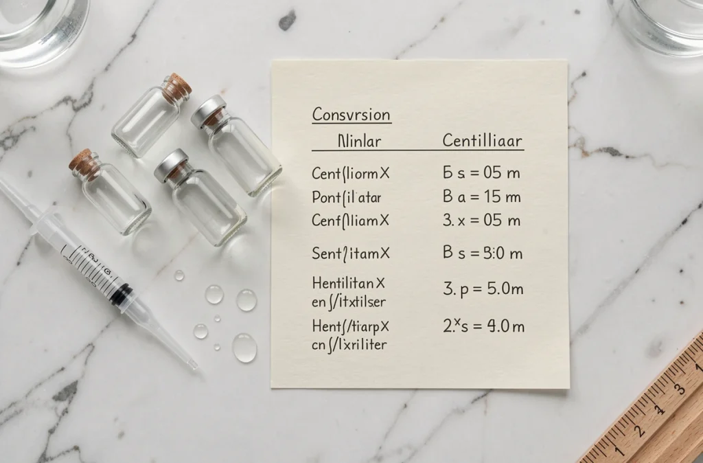 Vue de dessus d'un tableau de conversion millilitres centilitres manuscrit posé sur du marbre avec des fioles en verre et une pipette