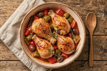 Cuisse de poulet basquaise cuisinée au Cookeo dans un plat en céramique rustique avec poivrons et sauce tomate