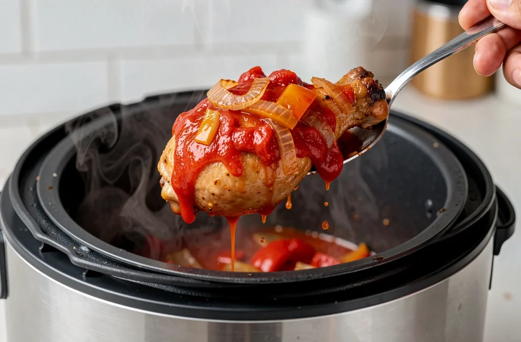 Cuisse de poulet basquaise sortant du Cookeo avec sauce aux poivrons et tomates mijotée