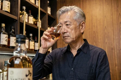 Homme dégustant un whisky japonais Yamazaki dans un bar raffiné à Tokyo, tenant un verre Glencairn avec attention