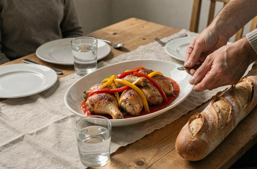 Dîner de semaine en famille avec cuisse de poulet basquaise Cookeo servie sur un plat ovale blanc