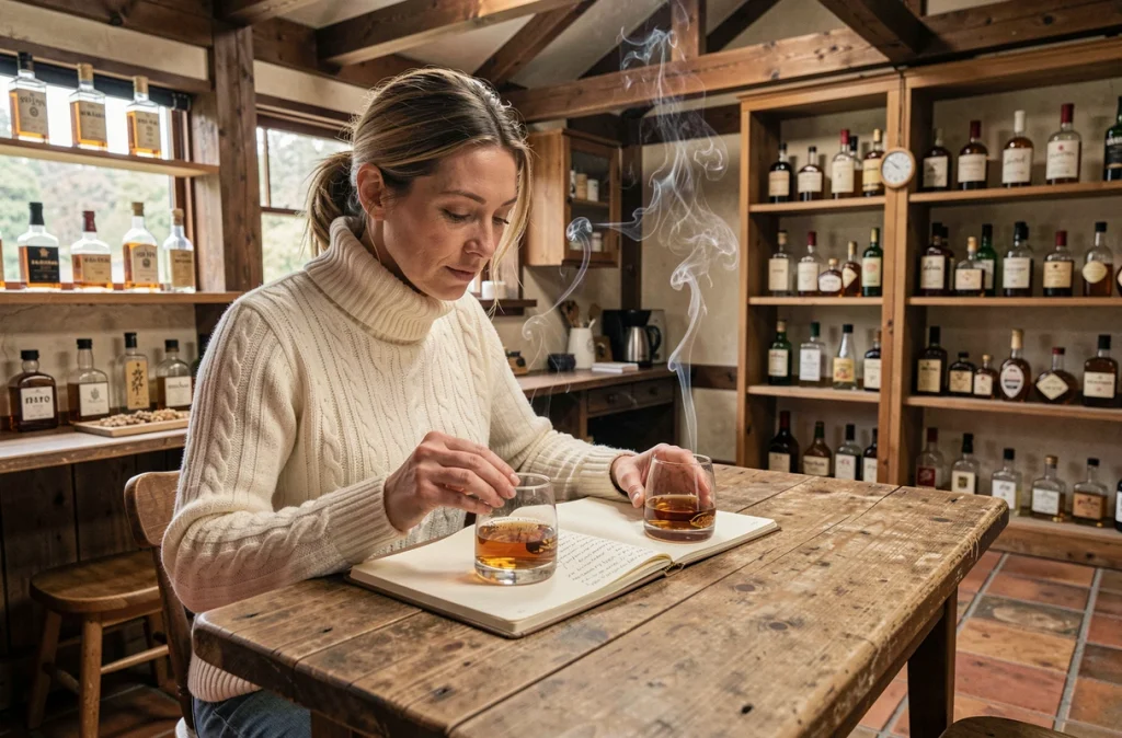 Femme comparant deux whiskies japonais dans une boutique rustique à Kyoto avec un carnet de dégustation
