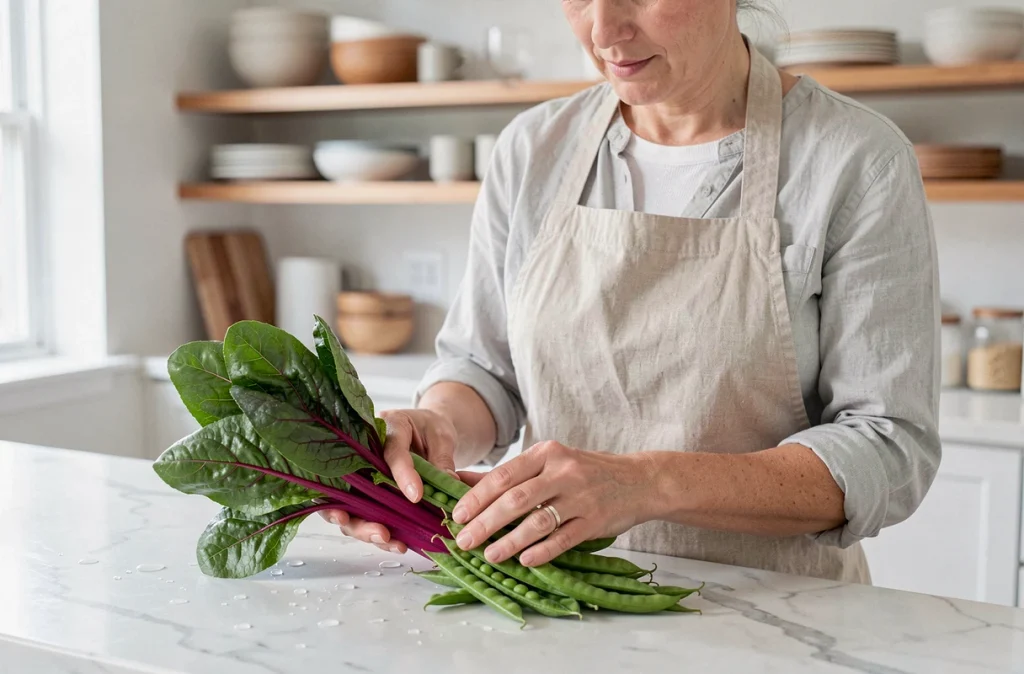 Femme tenant des blettes et des pois gourmands frais dans une cuisine moderne, légumes en S prêts à cuisiner