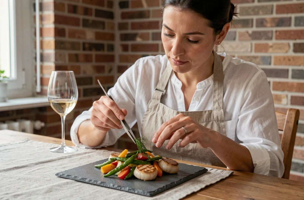 Femme dressant une assiette de coquilles Saint-Jacques avec légumes sautés dans un appartement parisien pour un dîner élégant en semaine