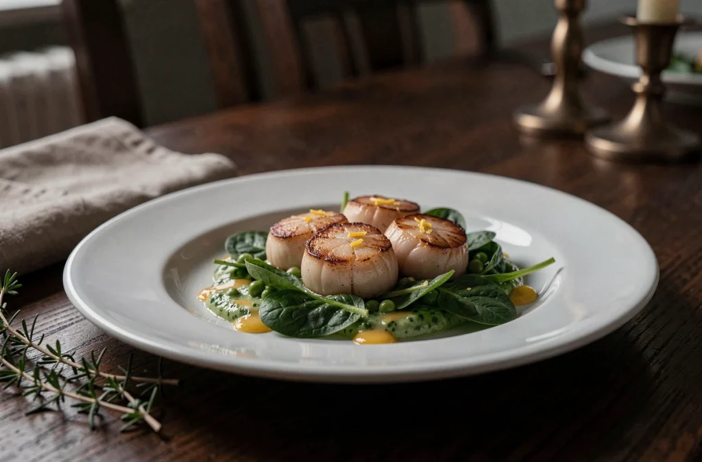 Gros plan d'une assiette raffinée de coquilles Saint-Jacques sur épinards et émulsion petits pois menthe pour un repas chic en semaine