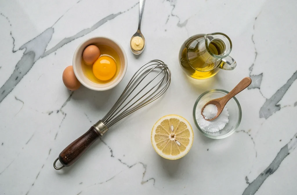 Vue du dessus des ingrédients de la mayonnaise maison disposés sur un plan de travail en marbre blanc : œufs, moutarde, citron, huile et fouet
