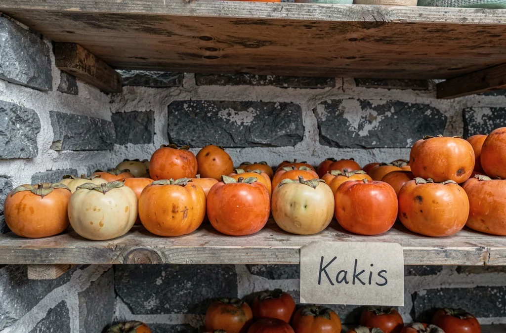Fruits kaki disposés sur des étagères en bois dans un cellier en pierre pour la conservation longue durée, avec différents stades de maturité visibles