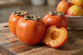 Kaki mûr entier et tranché sur une planche en bois rustique dans une cuisine maison, révélant la chair ambrée et la texture lisse de la peau orange