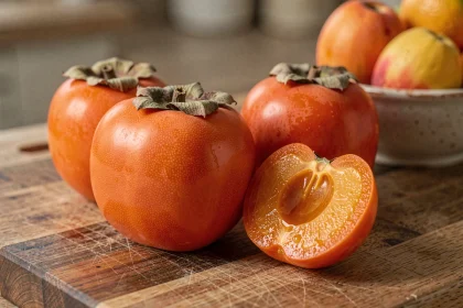 Kaki mûr entier et tranché sur une planche en bois rustique dans une cuisine maison, révélant la chair ambrée et la texture lisse de la peau orange
