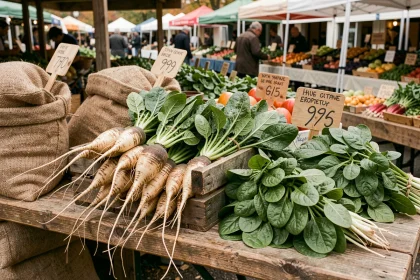 Caisse en bois remplie de légumes en S comme le salsifis, les épinards et l'oseille sur un étal de marché fermier