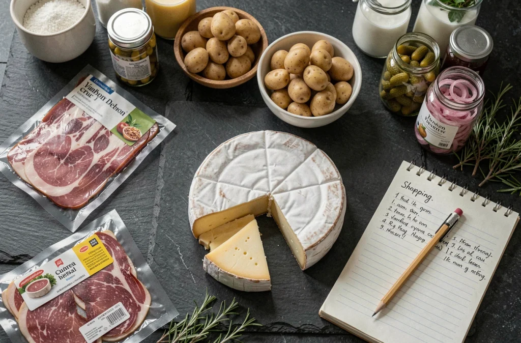 Liste de courses raclette pour 10 personnes avec ingrédients et fromage à raclette sur plan de travail