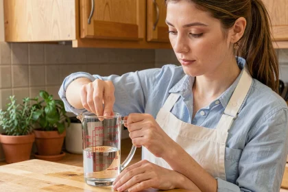 Femme mesurant 10 ml de liquide dans un verre doseur gradué sur un plan de travail en bois dans une cuisine maison